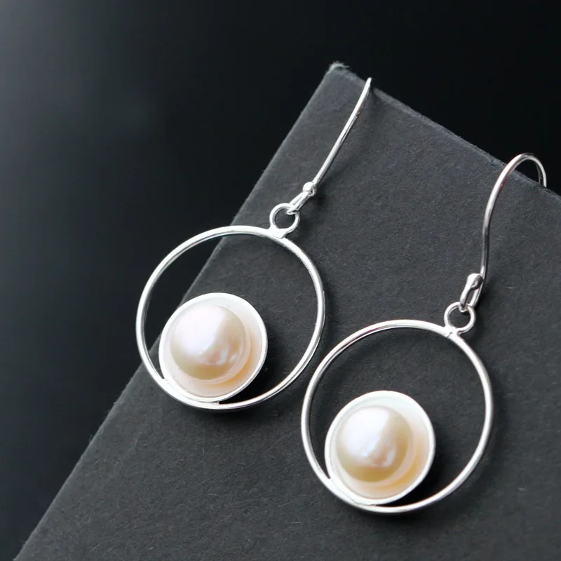 

925 sterling silver with natural pearl earrings Allergy free fashion circle silver earrings