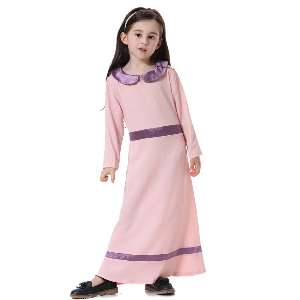 

4 colors muslim dress Mid waist Contrast color Belt Doll collar Long sleeve Girls long dresses robe musulmane vestido TH609