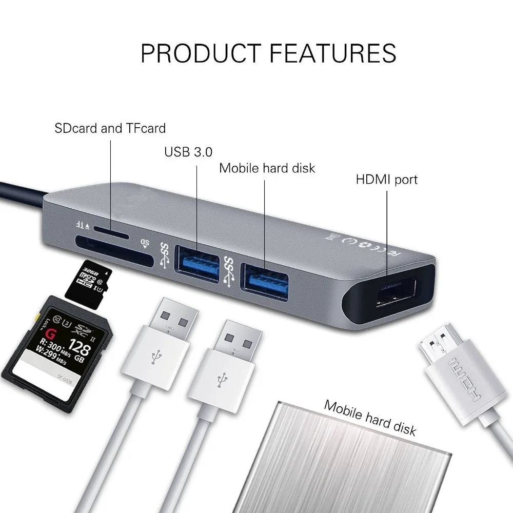 USBC к HDMI 2 USB 3 0 5Gbs SD TF слот для карт 4K 30Hz 1080P видео выход Type C 1 концентратор адаптер