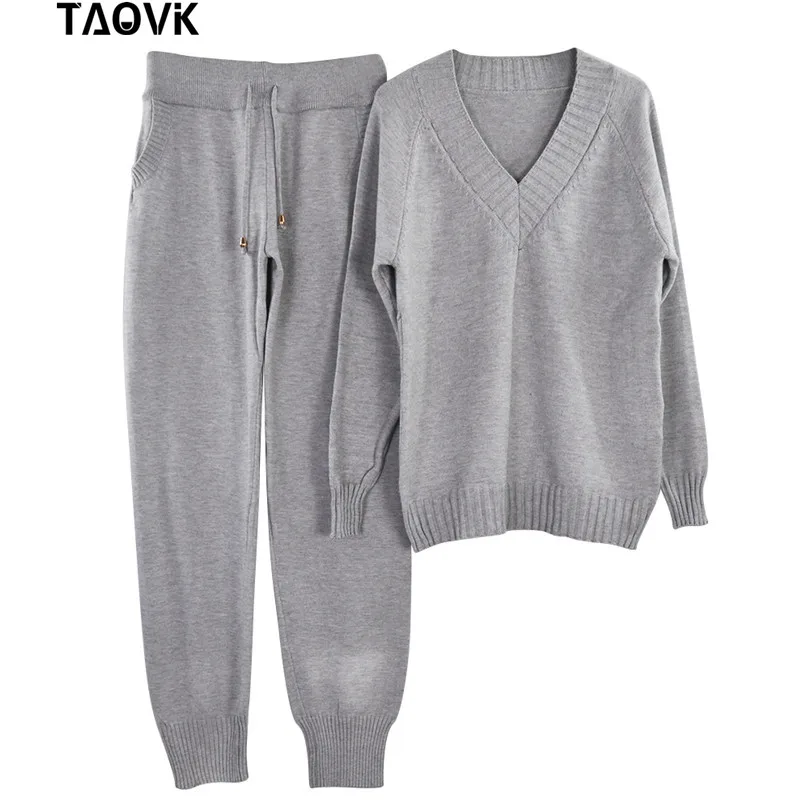 Grey TAOVK, мягкий зимний Трикотажный костюм, женские комплекты, уличная одежда, свитера с v-образным вырезом, эластичные штаны, комплект из двух предметов, комплект из 2 предметов, домашний костюм - Цвет: Grey
