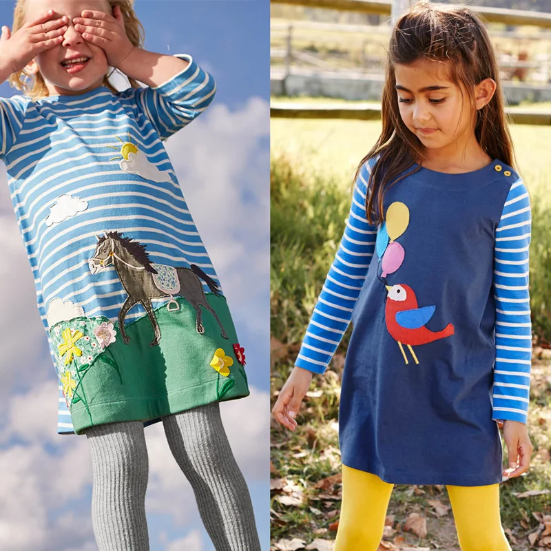 Хлопковые платья с вышивкой в виде животных для маленьких девочек полоску одежда