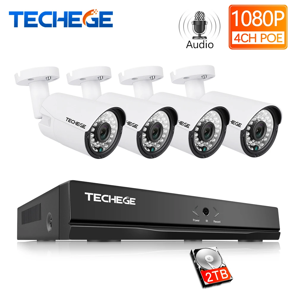 Techege 4CH CCTV система 1080P PoE NVR металлическая наружная 2.0MP IP камера Onvif Cloud 1080 комплект