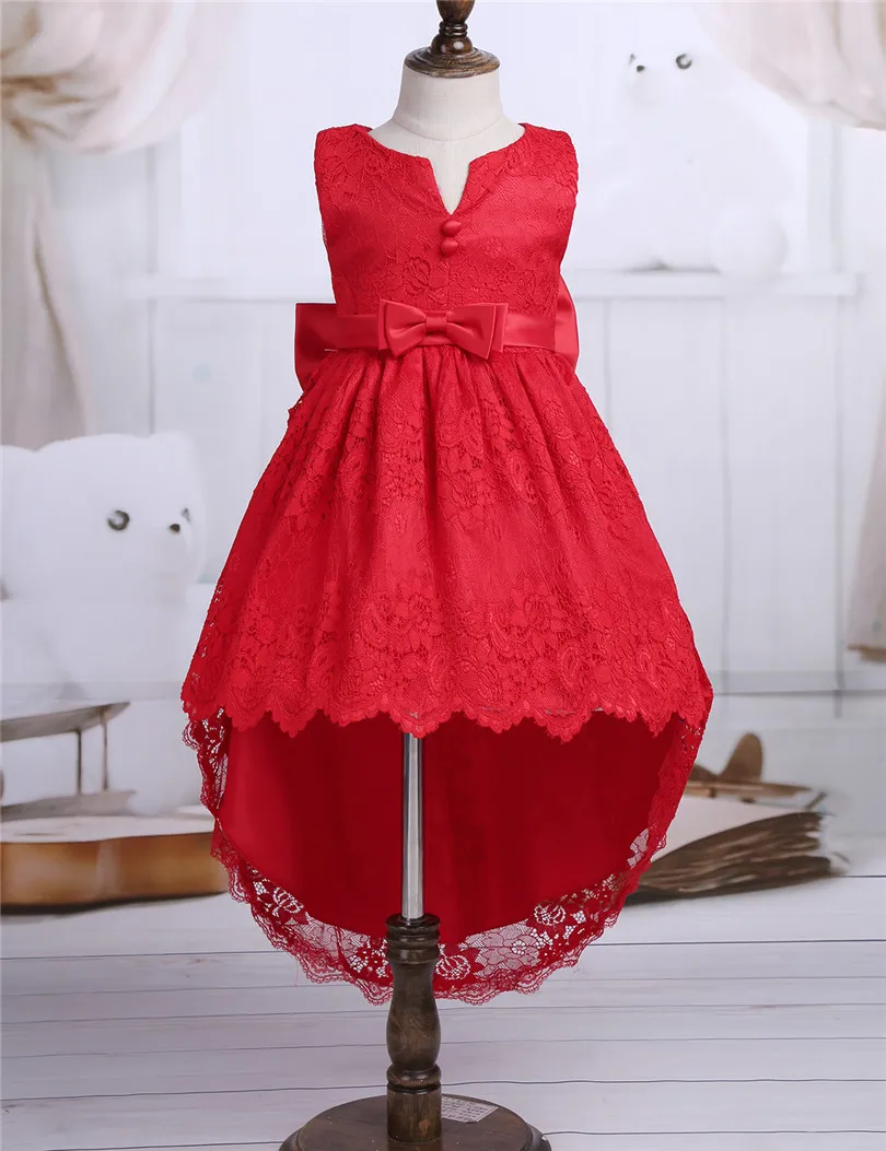 Красивые девушки кружева с бантом без рукавов High Low Hem платье цветочным узором для