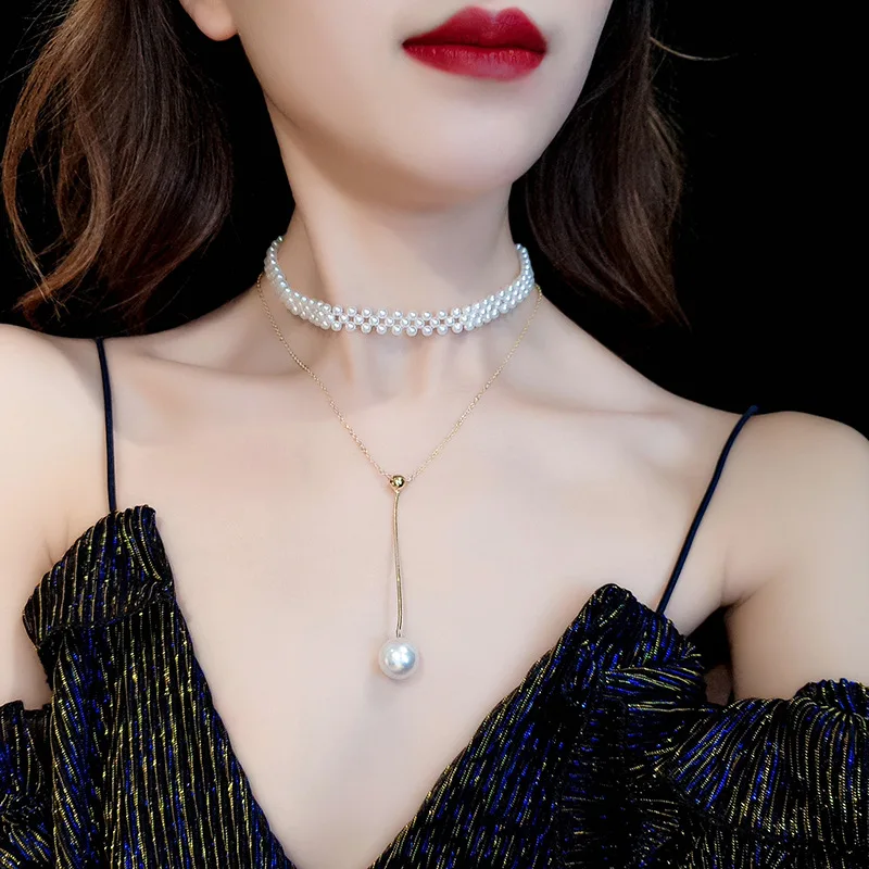 MENGJIQIAO новые корейские винтажные шикарные имитация жемчужин Двойные Ожерелья Подвески модные женские чокер девушка ювелирные изделия металлическая цепь