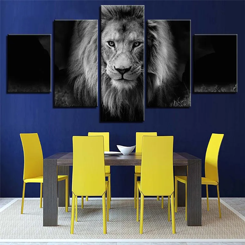5 шт. Nordic Decoratrion Животные Лев Wall Art Холст Картины маслом Современный черный белый