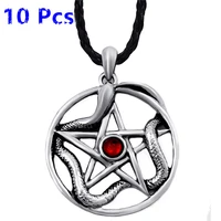 wholesale 10 pcs mens gothic serpent snake pentacle pentagram star red cz pewter pendant necklace fashion jewelry wlp307