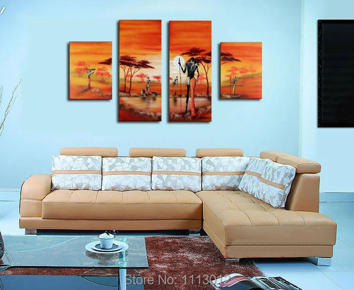 

Africa People Living Sun Tree Oil Painting On Canvas 4 Panel Arts Set Modern Home Abstract Wall Decor Picture for Living Room