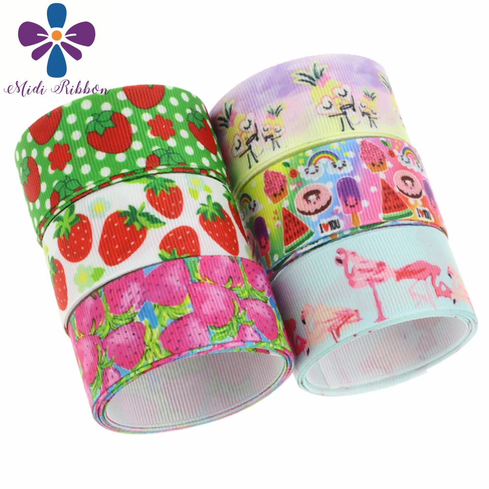 

16mm-75mm Fruit Series Strawberry Ice Cream Patterns Printed Grosgrain/Elastic Ribbon Pink Flamingo DIY Hair Band 50yards/roll