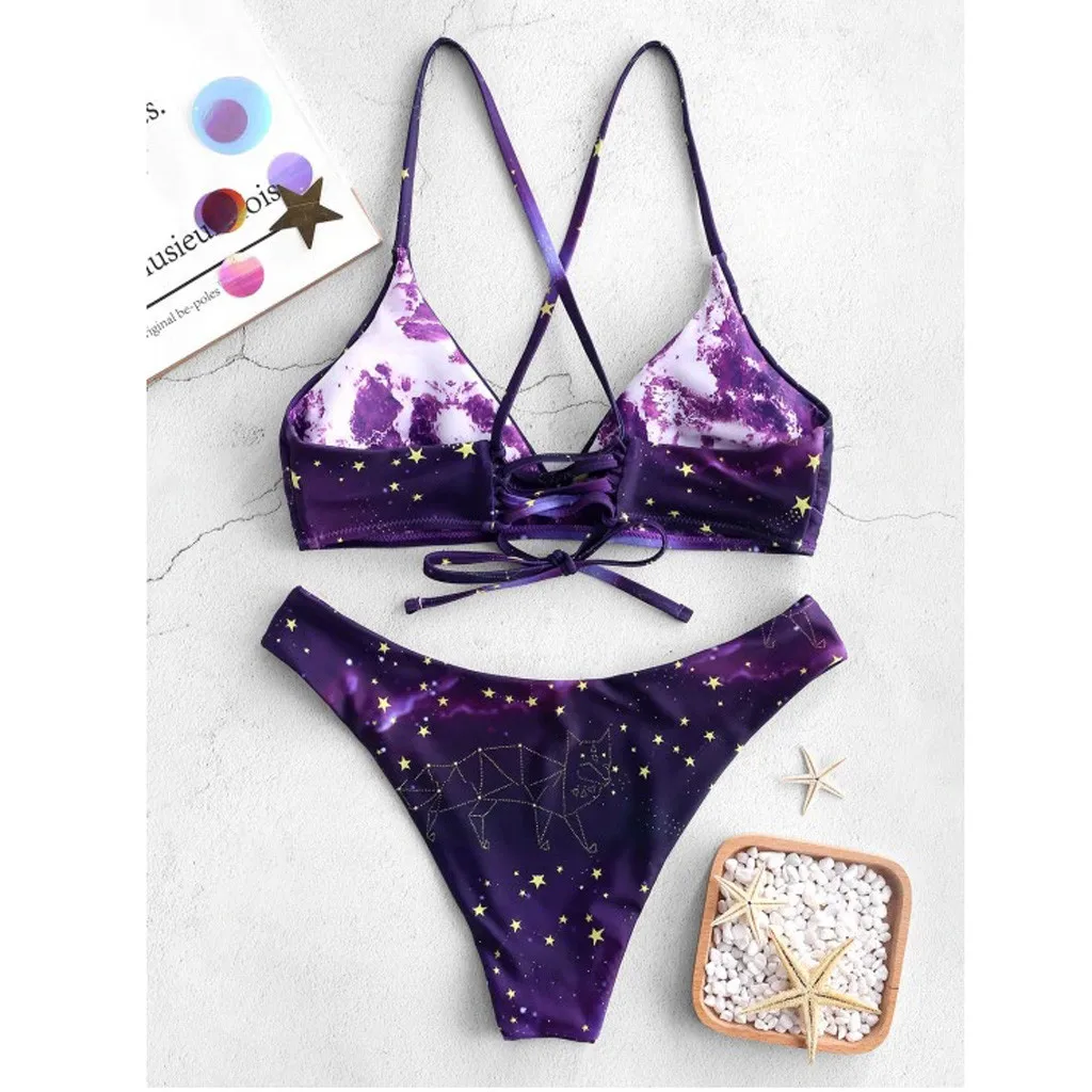 

Bandage High Waist Bikini Ladies'Separate Sexy Suspender Star Gradual Printed Bikini Pure-color Swim Suit Swimsuit