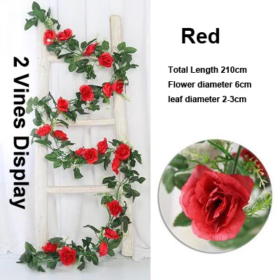 Red NuoNuoWell 2pcs-упаковка розовый/красная роза гирлянда искусственные лозы украшение шелковые цветы струна Свадебный декор DIY домашний поддельный листва - Цвет: Red