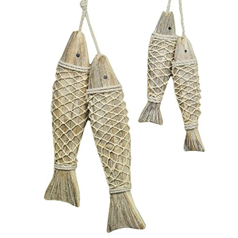 

1PC Mediterranean Style Rustic Coastal Hand Carved Hanging Wood Fish Ornaments Wall Sculptures For Home Hanging Decor