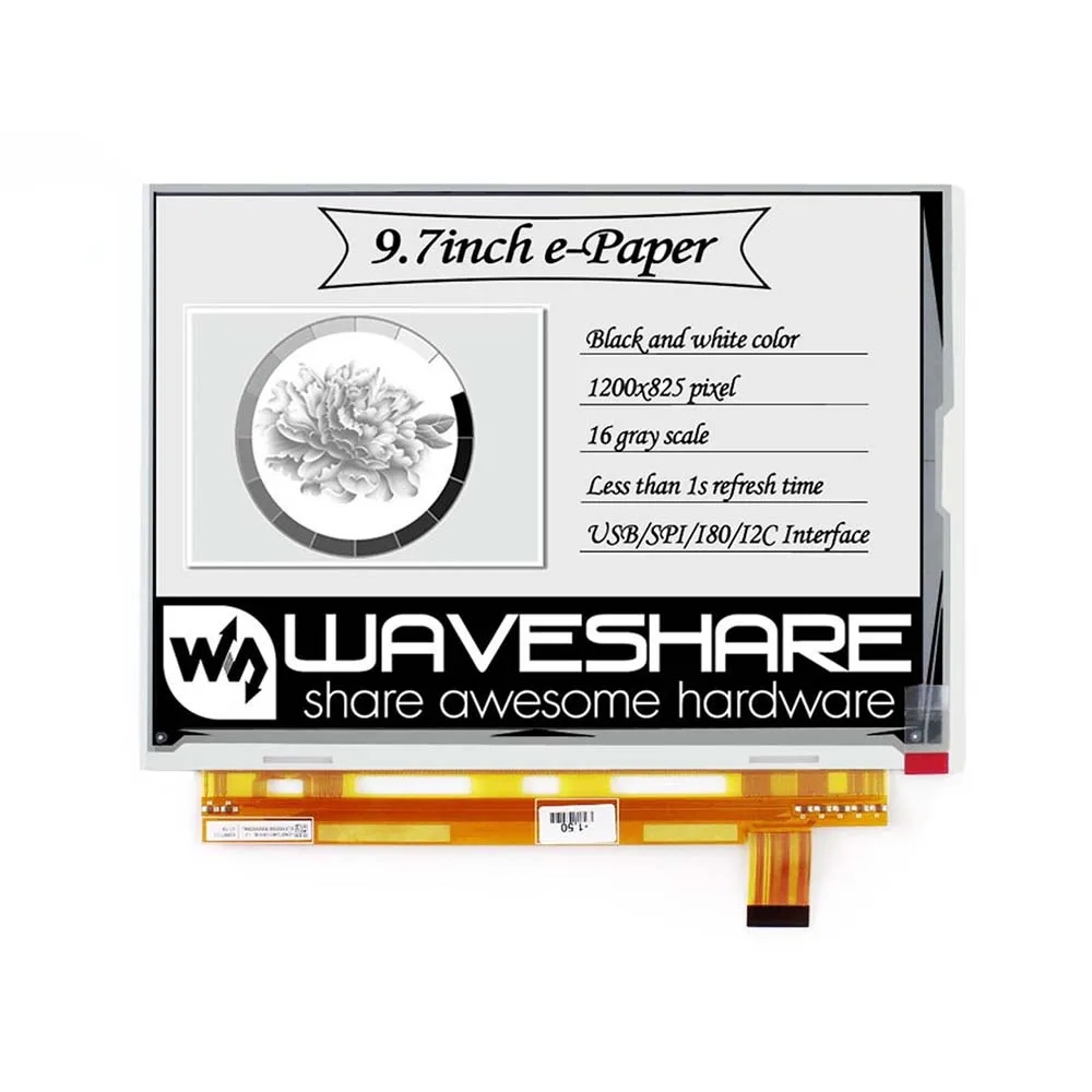 

Waveshare 9.7inch E-Ink raw display with parallel port for Raspberry Pi 2B/3B/3B+/Zero/Zero W 1200x825 resolution