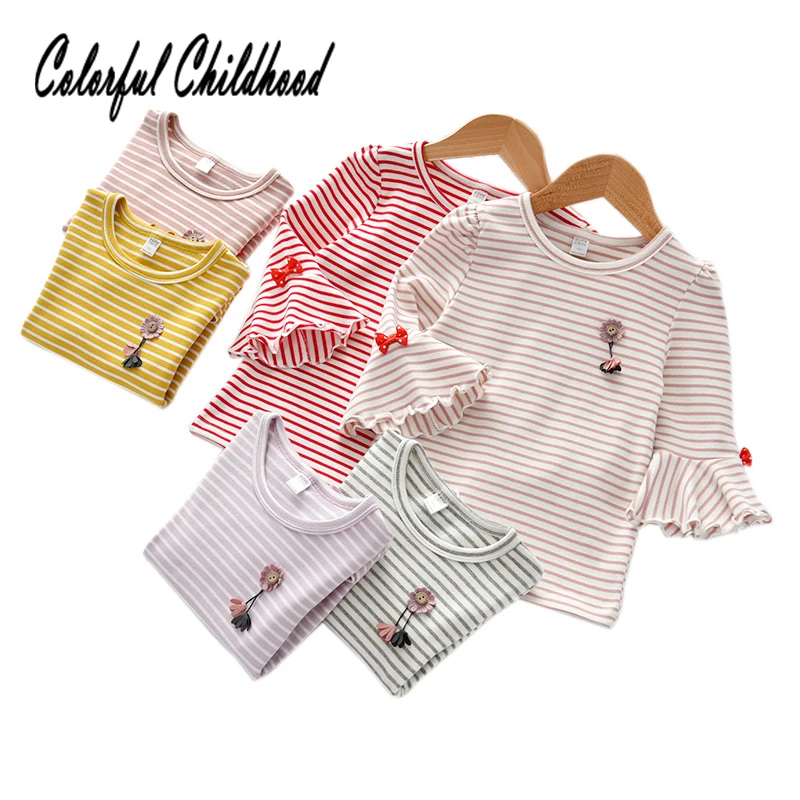 Футболка для девочек длинная Милая рубашка в полоску ярких цветов с цветочным