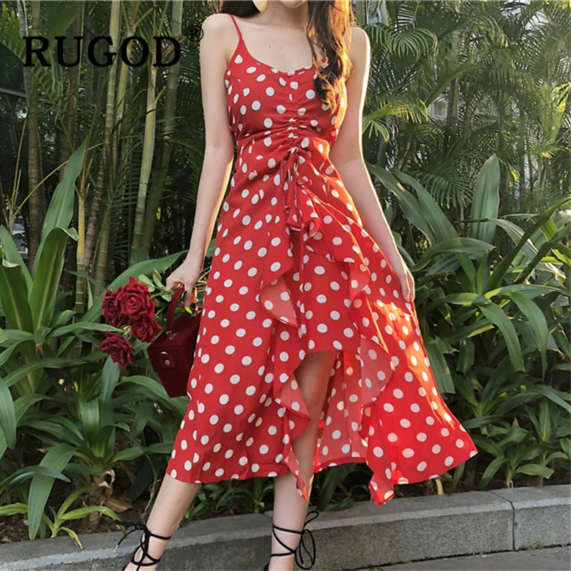 Женское длинное пляжное платье RUGOD Элегантное Длинное белое в горошек на тонких