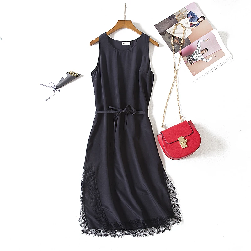 Сексуальное женское платье из 100% шелка черное кружевное с разрезом лето 2020 |