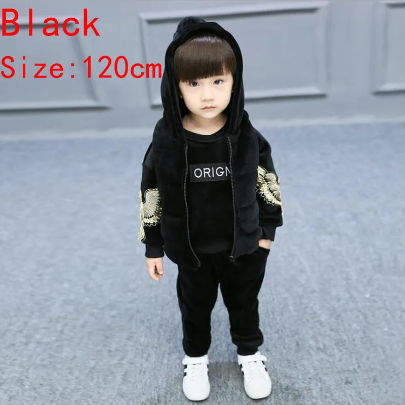 Black Size 120cm Новые зимние из трех частей детский повседневный комплект толстый теплый бархат мода детская одежда комплект - Цвет: Black Size 120cm