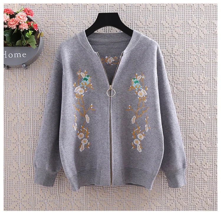 gray Cardigans Осень Зима Роскошные Подиумные модные вязаные свитера кардиганы с длинным рукавом птица Цветы вышитые повседневные кардиганы на молнии топы - Цвет: gray Cardigans