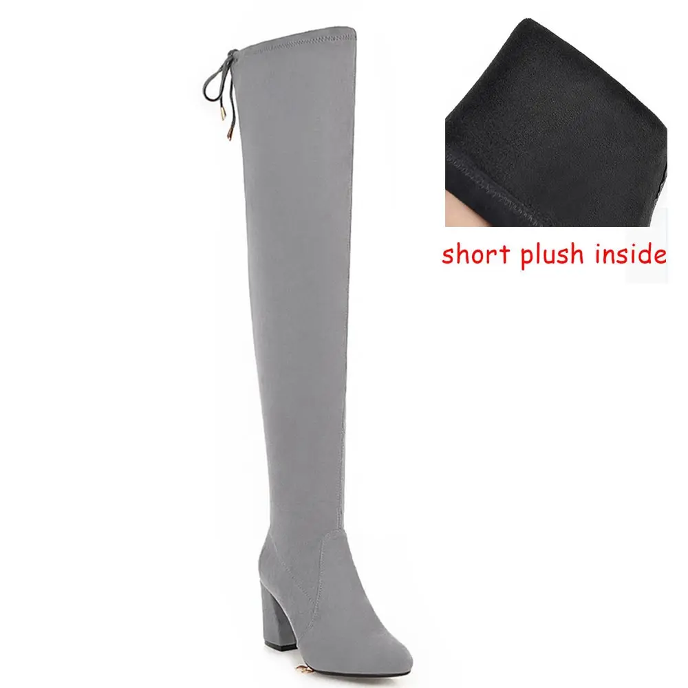 Short plush gray Lasyarrow/большой размер 47, 48, женская обувь осенне-зимние женские ботфорты до бедра на толстом высоком каблуке со шнуровкой - Цвет: Short plush gray