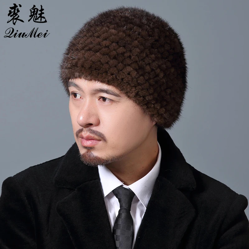 Mink Hats For Men Natural Real Fur Cap New Elastic Winter Knitted Lined Men Cap Pineapple Hat Male Winter Genuine Mink Fur Hat