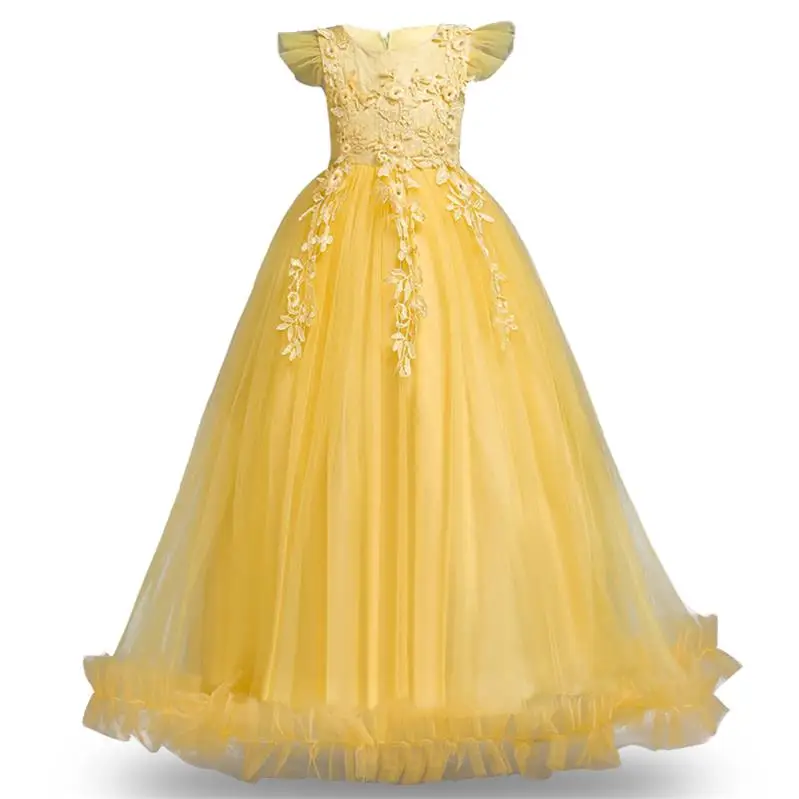 Yellow Г. Зимнее платье с цветочным узором для девочек; Детские платья для девочек; костюм; свадебное платье; длинное праздничное платье принцессы для детей-подростков - Цвет: Yellow