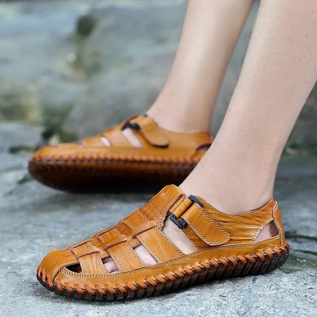 

Dropshiping Men Cow Leather Sandals Outdoor 2019 Summer Handmade Men Shoes Breathable Men Casual Shoes Footwear Walking Sandals