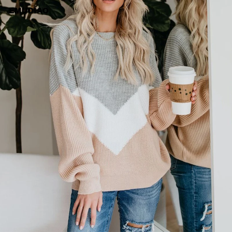 Streetwear Sweater Women Patchwork Long Sleeve Knitted Pullovers Autumn Winter 2019 Casual Sweaters Knitwear Pull Femme Jumper | Женская