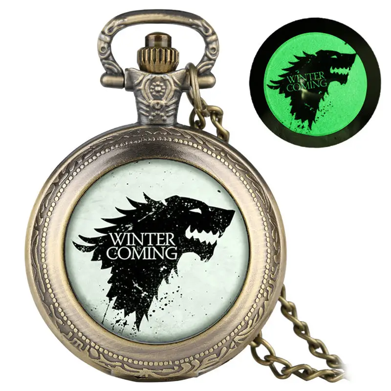 

YISUYA Pocket Watches Luminous Case Quartz Movement Ice Wolf Pattern Patch Vintage Watch Necklace reloj de bolsillo