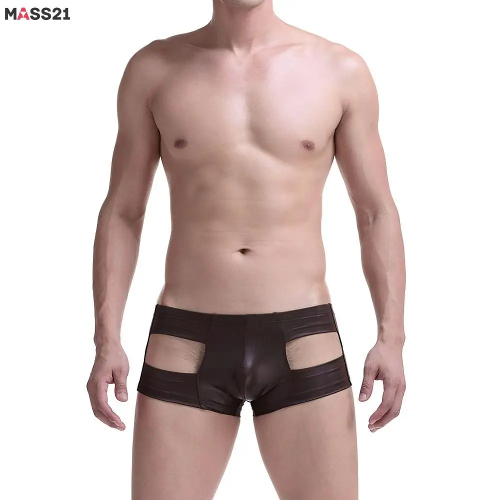 MASS21 Boxer Mens Underwear Faux Leather Sexy Hollow Out Underpants Male Panties Shorts Solid Cuecas | Мужская одежда