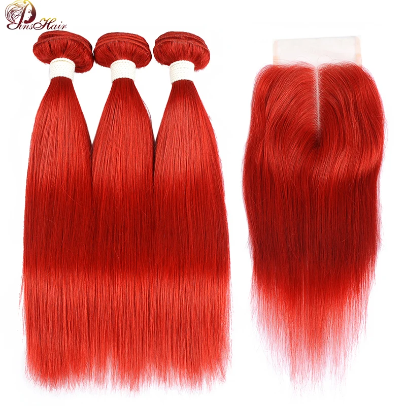 Pinshair, красные прямые волосы, пряди с закрытием, 99J, бордовый цвет, бразильские человеческие волосы, 3 пряди, с закрытием, не Реми волосы, 10-26 дюймов