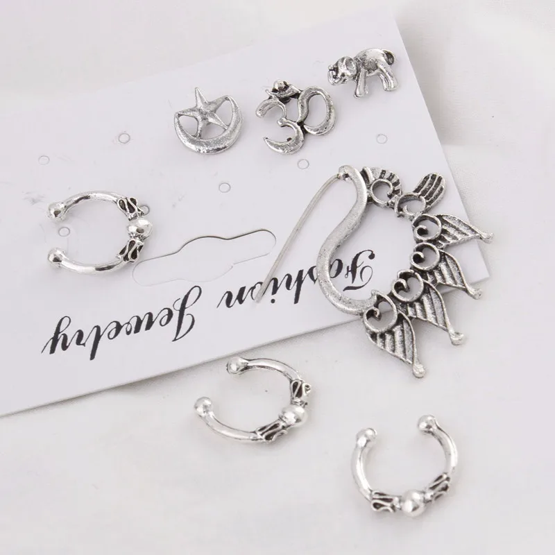 Fashion 7PCS Boho Earrings Set Feather Buddha Owl Leaves Moon Ancient Silver Color Stud Earring Ear Cuff Vintage Beach Jewelry | Украшения