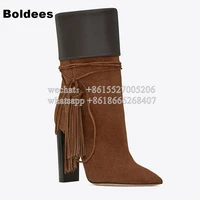 fashion pointed toe block heeled fringe high heel mid calf winter pointed toe gladiator boots