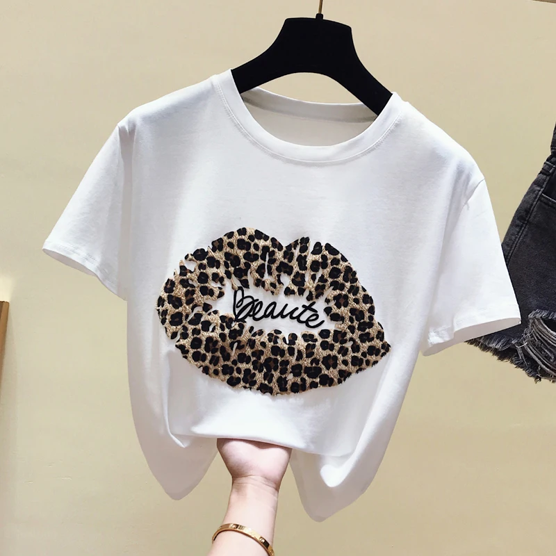 Лето 2019 Новое поступление leopard письма с коротким рукавом женская футболка летняя