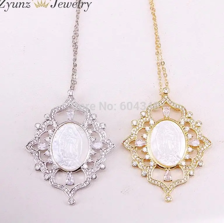 5 нитей ZYZ323-8697 CZ micro Pave Oval Mary Jesus MOP shell Focal ожерелье, белое серебро/золото цвет перламутровый кулон - Окраска металла: Style A Necklace