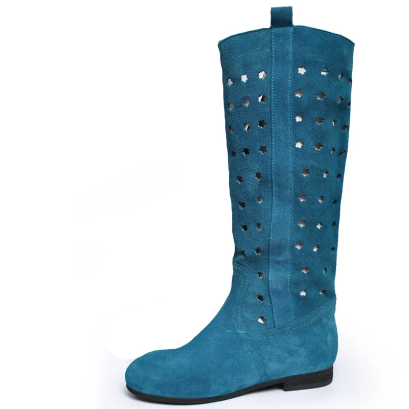 Женские сапоги до колена из натуральной кожи с перфорацией женские высокие