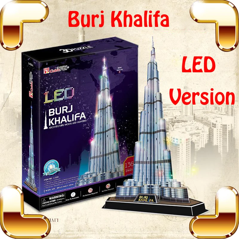 

Подарок на Новый год, Burj Khalifa 3D головоломка, модель здания, светодиодный, башня, сделай сам, украшение, игрушки, образование, IQ, Высокая коллек...