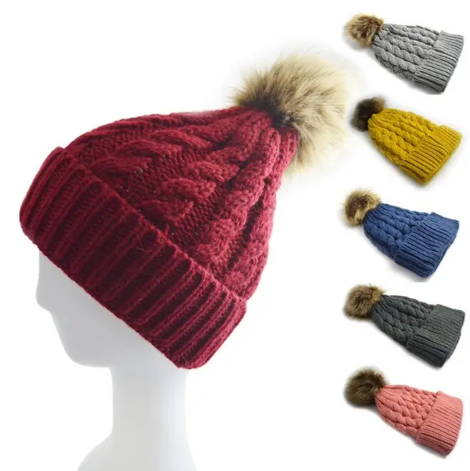 Новый пышной опушкой из искусственного меха Pom pom трикотажные Шапки шапки бини