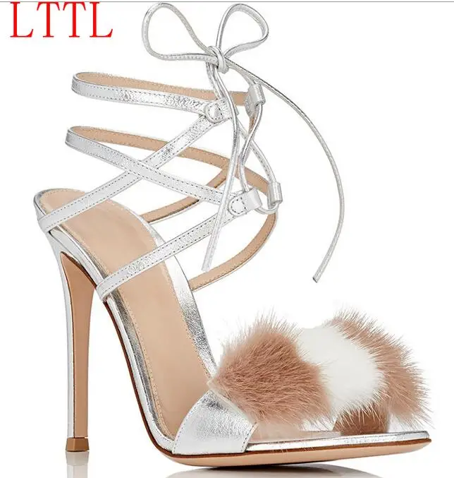 

Women Summer high heel gladiator Sandals 2017 Fashion Fur thin heels sandal silver leather Sexy Ladies high heel sandal