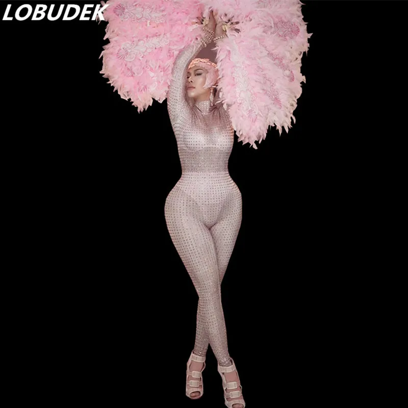 

Nightclub Female Costume Pink Feathers Fans Full Rhinestones Jumpsuit Leotard Stage Wear Bar DJ Singer Performance Dance Rompers