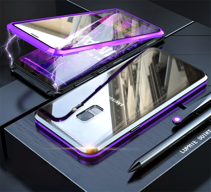 360 полная защита магнитный металлический корпус для Samsung Galaxy S8 S9 S10 Plus Note 9 металлический корпус алюминиевое закаленное стекло чехол