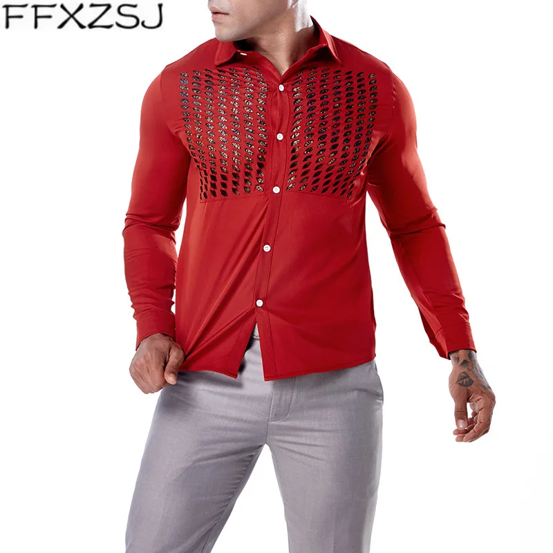 Модная сетчатая открытая рубашка для мужчин новинка 2018 прозрачная Мужская