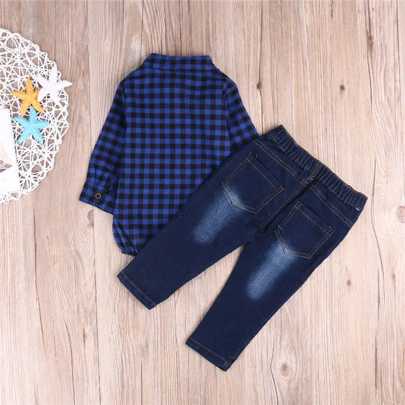 Kids Baby Boy Clothes Set Newborn Gentleman Outfit 2pcs Toddler Long Sleeve Plaid Bodysuit+Jeans Infant Formal Wedding Suits