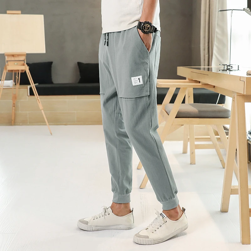 Брюки мужские из 100% хлопка и льна модные однотонные повседневные штаны до