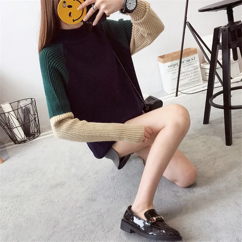 2017 Women's Autumn Winter Street Style V-Neck Knitted Sweater Color Block Coat Woman Patchwork Loose Pullovers Girl Sweaters | Женская