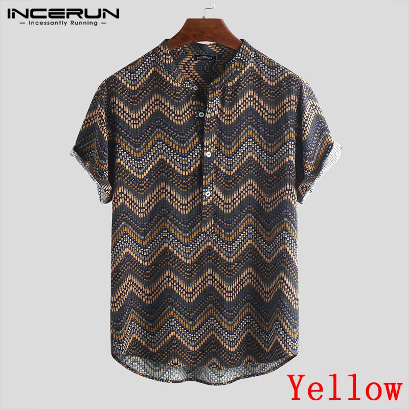 Yellow Shirt INCERUN Print Men Hawaiian Shirt Stand Collar Camisa Short Sleeve Button Up Tops Vintage Casual Shirts Men Streetwear S-5XL - Color: Yellow Shirt