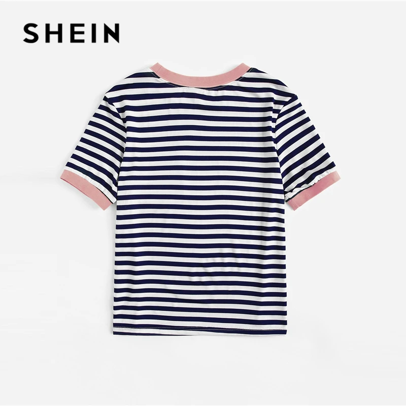 SHEIN, женская летняя полосатая футболка с круглым вырезом и накладным карманом размера плюс