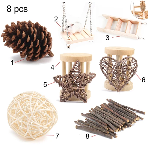 8PCS 8 шт., жевательные игрушки для хомяка, игрушка для прорезывания зубов, Натуральный Деревянный жевательный колокольчик, валик с шариками, веревка для маленьких домашних животных, кролик - Цвет: 8PCS