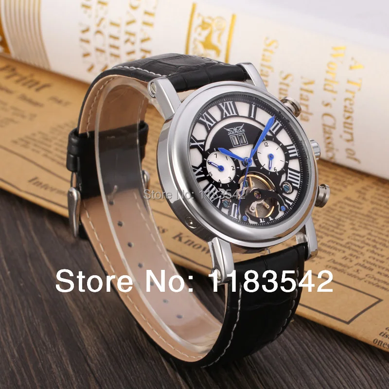 Jargar автоматические Серебристые мужские наручные часы tourbillon черный кожаный