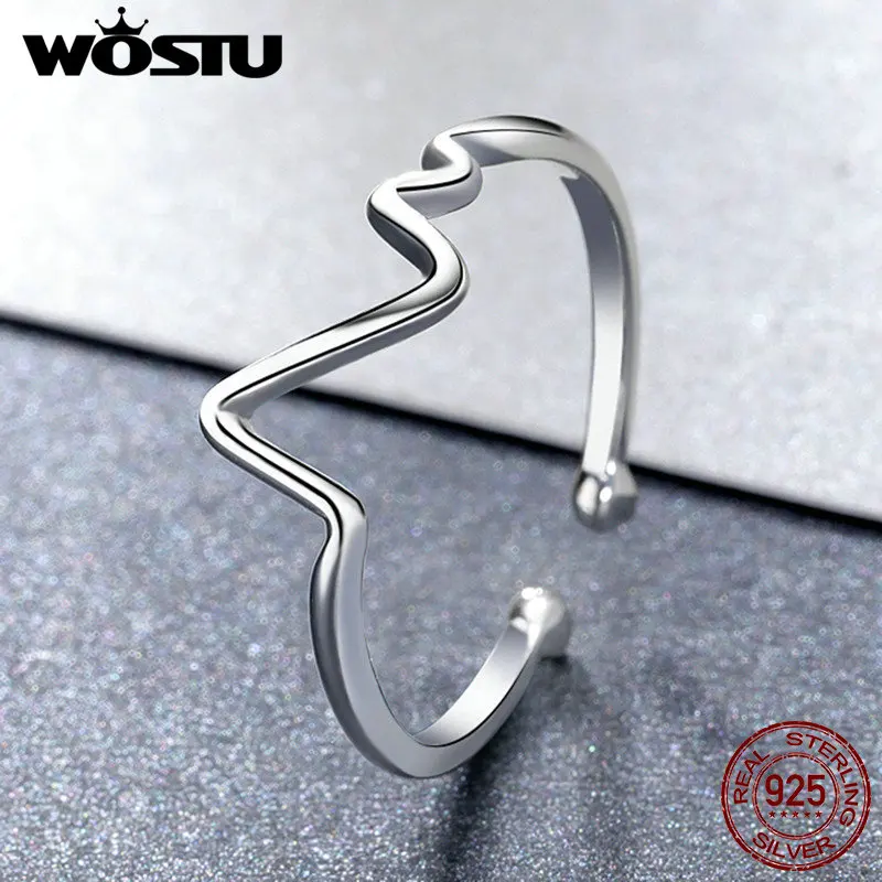 WOSTU, настоящее 925 пробы, серебряные, модные, волнистые, открытые кольца, для женщин, сердце, ритм, регулируемое кольцо, призвание, вечерние, хорошее ювелирное изделие, DZR159