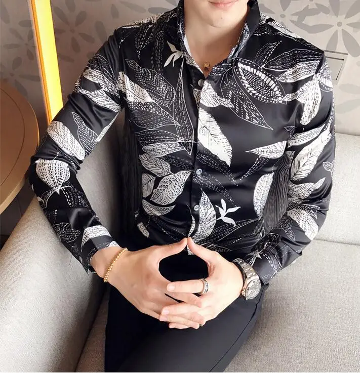 2018 Для мужчин модные Повседневное Длинные рукава рубашка с принтом Slim Fit мужской