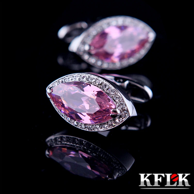 

KFLK Jewelry French shirt cufflinks for mens Brand Pink Crystal Cuff link Luxury Wedding Button Gift High Quality guests